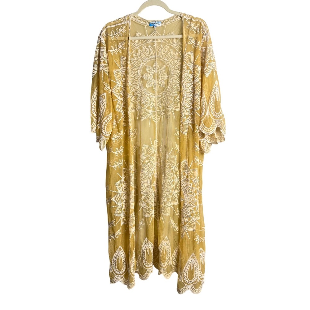 Yellow‎ Sheer Embroidered Kimono Women OS Boho Mesh Embroidered Fairy Festival